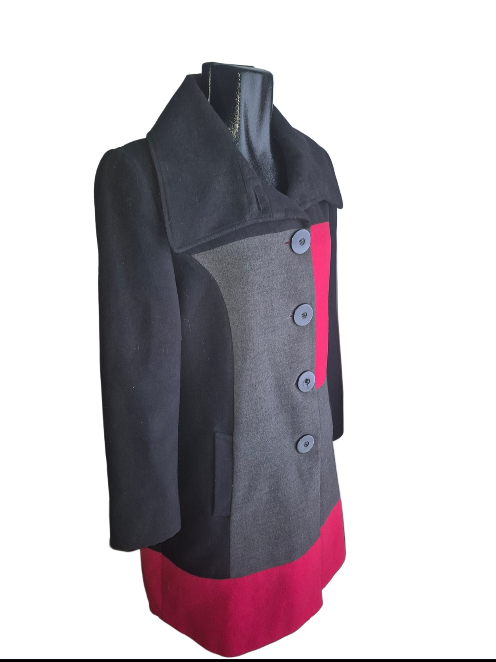 Jessica Red, Black & Grey Colorblock Mid-length Button-up Coat Size L - Picture 3 of 8